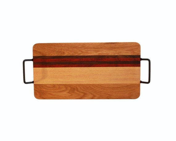 Multi-wood serving tray in oak, walnut, hickory and padauk