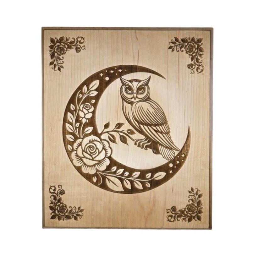 Handcrafted Celestial Moon Owl Wall Hanging – Maple Wood with Routed Edges