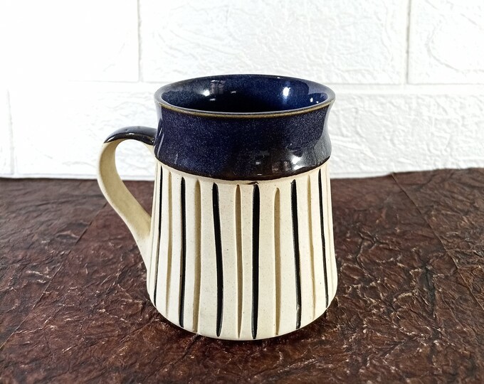 Solstice Mug - Handmade Pottery Mug in Cream and Blue Strips