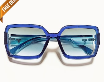 1970s Style Beveled BLUE Translucent Oversized Sunglasses