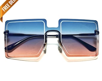 Gafas de sol sin montura de gran tamaño con puente nasal en azul y rosa, estilo vintage de los años 70