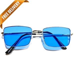1970s Style Silver Bridge Aviator Blue Square Lens Oversized Sunglasses