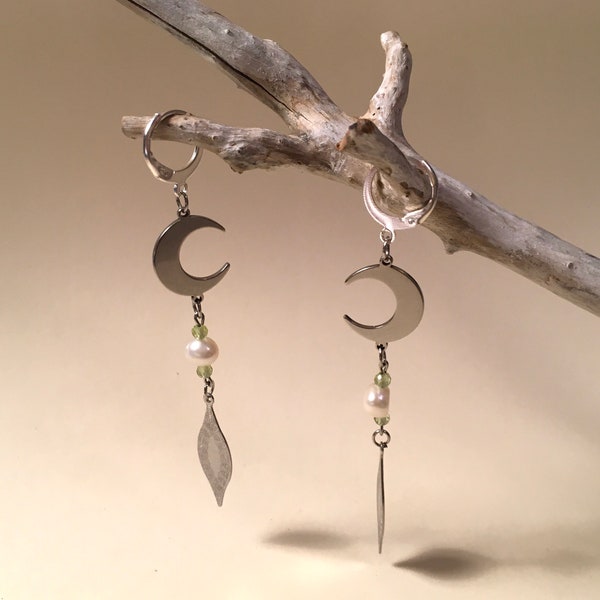 Beautiful boho earrings, stainless steel charms, real peridot gemstones & pearls