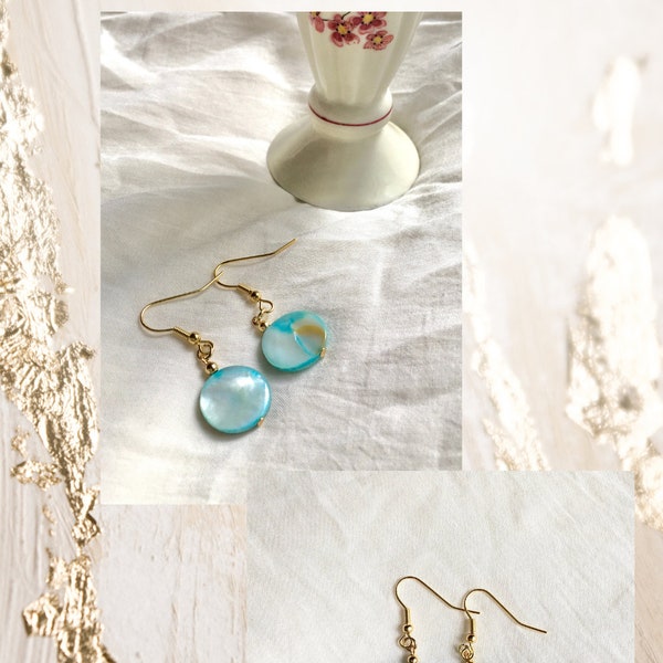 Beautiful boho earrings, blue nacre charms, 18k gold plated studs