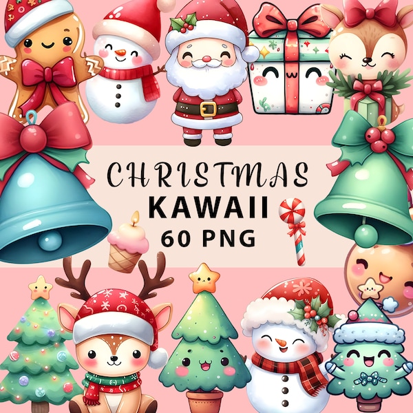 Christmas Kawaii Clipart | 60 Cute Chirstmas Kawaii Graphics | PNG Clipart Bundle | Instant Download for Commercial Use