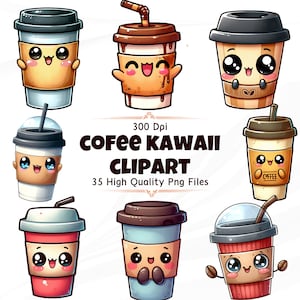 Kawaii Cofee Clipart | Cute Coffee Png Clip Art | Kawaii Drinks Transparent Background | Digital Art | Commercial Use | Digital Download