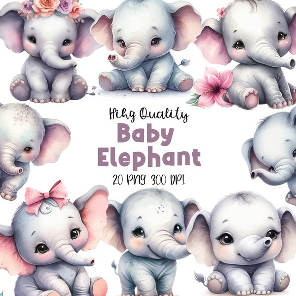 Baby Elephant Clipart - Adorable Baby Elephant Graphics, Cute Digital Download for Nursery Decor & Baby Shower Gifts, Transparent Background