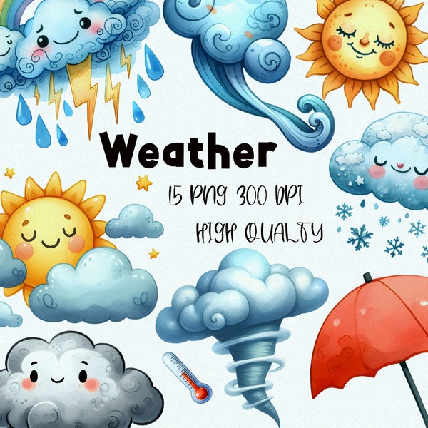 Aquarell Wetter Clipart Set, Wolke Sonne Regenbogen, digitaler Download, Clip Art Set, transparenter Hintergrund, Kinderzimmer Dekor Grafik