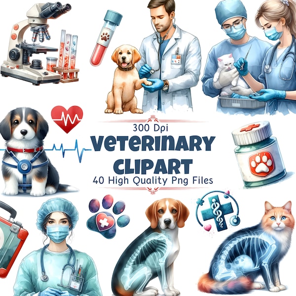 Veterinär Clipart-Set - 300 DPI hochwertige PNG, transparenter Hintergrund, perfekt für Bildungs- oder Klinikdekor, digitale Vet-Grafiken