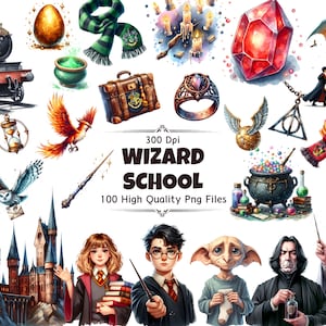 100 Wizard School Clipart Set 300 DPI, High-Resolution, Transparent Background for Commercial Use, Perfect for DIY Gifts & Crafts image 1