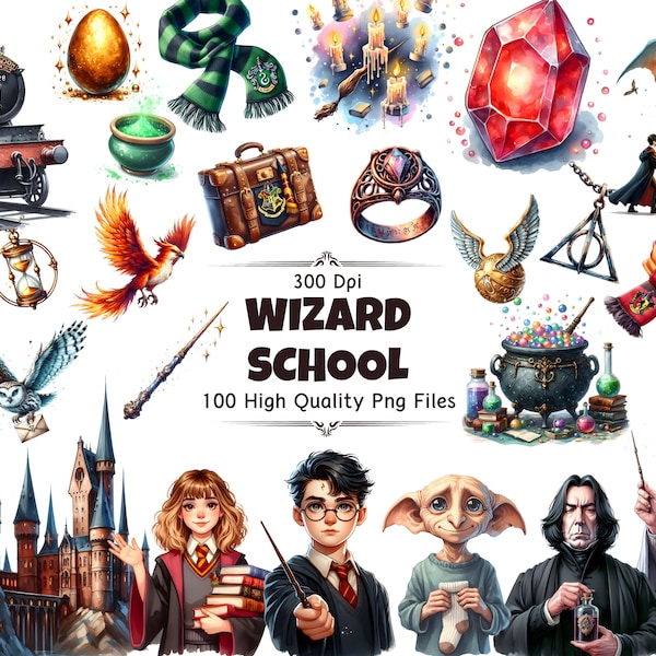 Conjunto de 100 imágenes prediseñadas de Wizard School - 300 DPI, alta resolución, fondo transparente para uso comercial, perfecto para regalos y manualidades de bricolaje