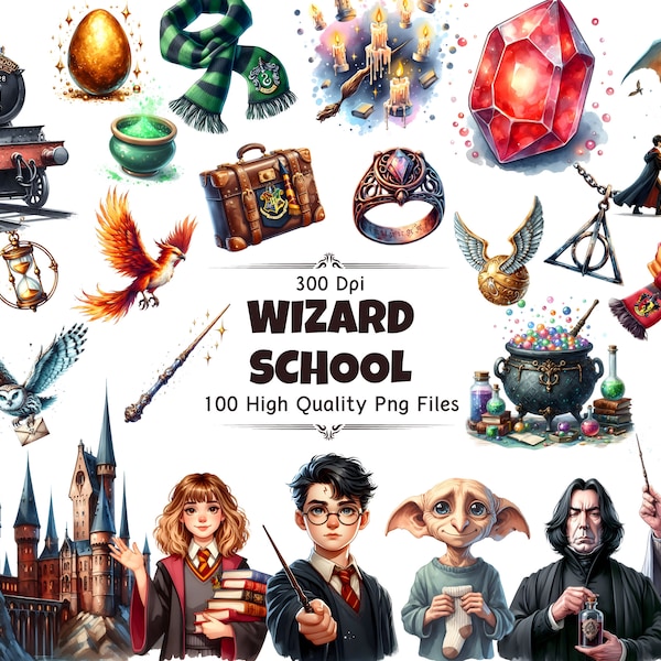 100 Wizard School Clipart Set - 300 DPI, High-Resolution, Transparent Background for Commercial Use, Perfect for DIY Gifts & Crafts