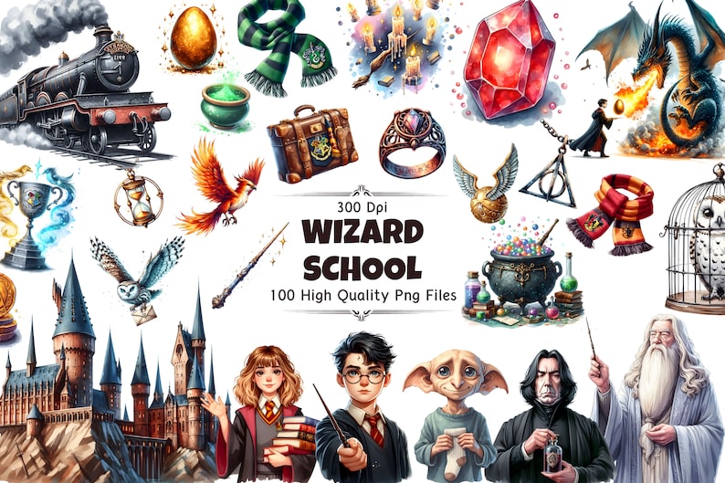 100 Wizard School Clipart Set 300 DPI, High-Resolution, Transparent Background for Commercial Use, Perfect for DIY Gifts & Crafts image 1