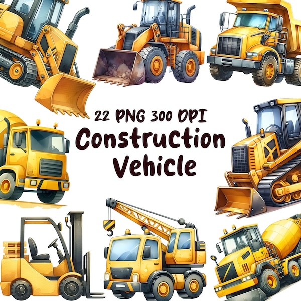 Construction Vehicle Clipart | Excavator, Bulldozer, Forklift, Crane, Loader, Grader Illustrations | Commercial Use | Digital Download