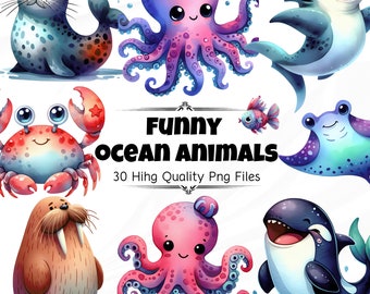 Funny Ocean Clipart | 30 Funny Sea Creature Designs, High-Quality PNG, Perfect for Commercial Projects & Creative Gifts | Digital Download