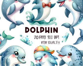 Süße Delfin Clipart - 20 Hochwertige Bilder, Sofort Download, Ozean Tiere, Kommerzielle Nutzung, Unterwasser Tiere Transparenten Hintergrund