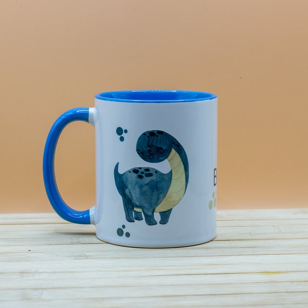 Personalisierte Dino Tasse mit Namen. Geschenk für Jungs und Mädchen. Dinosauriertasse. Blaue Tasse