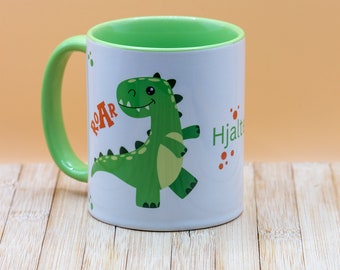 Personalisierte Dino-Tasse. Kindertasse mit Namen. T-Rex.