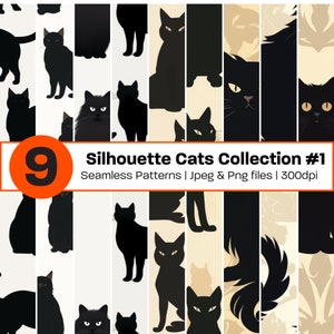 Papel digital de gato negro Patrón de silueta de gato sin costuras Fondo de gato blanco negro Patrón de fondo de pantalla de gatito / Uso comercial Está bien