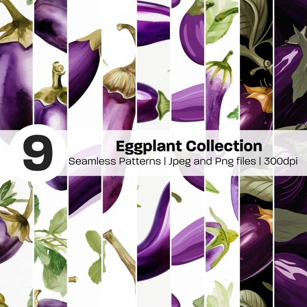 Eggplant Digital Paper, Watercolour Eggplant Seamless Pattern, Vegetable Healthy Food Background Pattern, Commercial Use PNG JPG Seamless