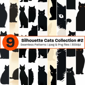 Papel digital de gato negro Patrón de silueta de gato sin costuras Fondo de gato blanco negro Patrón de fondo de pantalla de gatito / Uso comercial Está bien