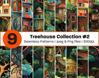 Commercial Use | Enchanted Forest Digital Paper Treehouse Pattern Forest Seamless Fairyland Forest Treehouse Background