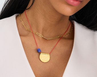 Red String Necklace: Gold Plate Disc, Ceramic Bead