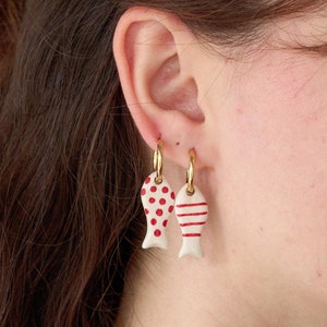 Fish Earrings, Ceramic Fish Earrings with gold-plated hoop, Fish Dangle Hoop Earrings, Fish Lover Gift, Huggie Hoop, Gift for Her