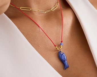 Red String Necklace: Ceramic Fish Pendant, 14k Gold Plated Beads