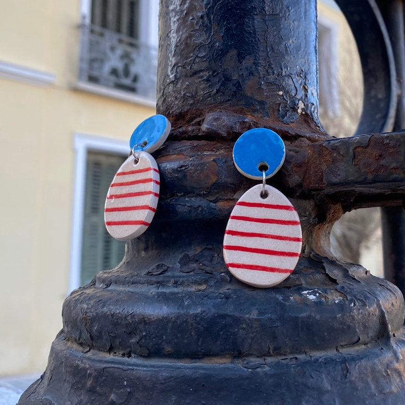 Red Stripe Earrings Handmade Earrings Ceramic Earrings Pop Art image 10