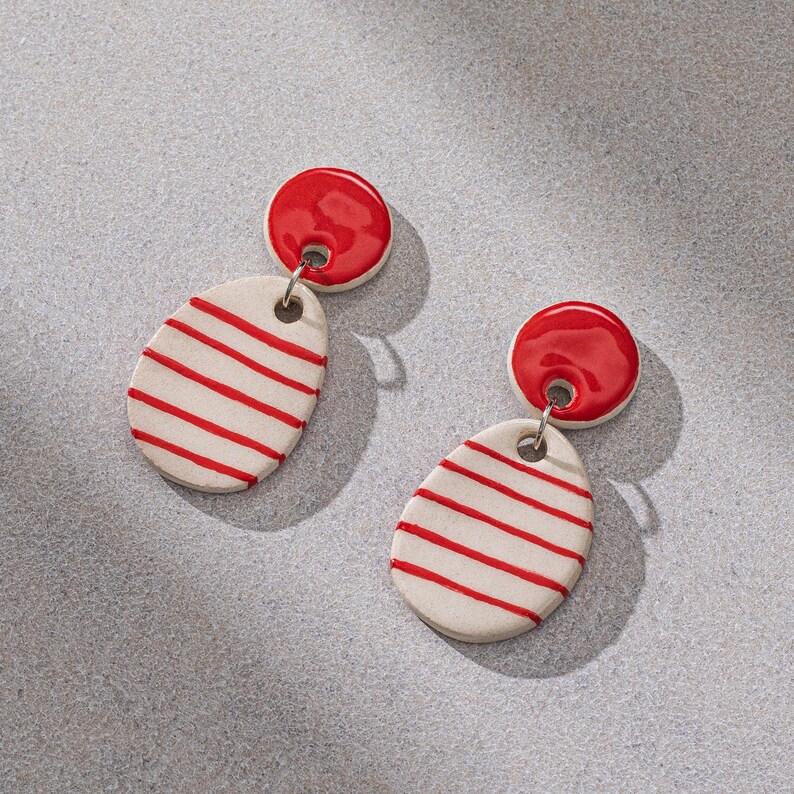 Red Stripe Earrings Handmade Earrings Ceramic Earrings Pop Art image 5