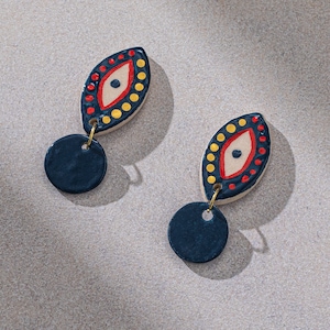 Navy Blue Evil Eye Earrings, Evil Eye Jewelry, Evil Eye Ceramic Dangle Earrings
