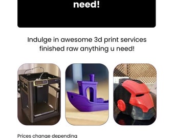 May include: A 3D printer, a purple boat, and a red and black helmet. The text on the image reads "Sam3dprintworkshop 3D printing service for cosplay or anything you need! Indulge in awesome 3d print services finished raw anything u need! Prices change depending on what is asked For more information about services Message me!"