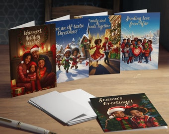 May include: A collection of Christmas greeting cards with illustrations of families and festive scenes. The cards feature text such as "Warmest Holiday Wishes" and "Season's Greetings!" on the front. White envelopes and a pen are also visible.