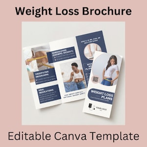 May include: A tri-fold brochure with a blue and white color scheme. The brochure advertises weight loss plans and includes information about different medications, including Semaglutide (Ozempic, Wegovy), Tirzepatide (Mounjaro), and oral medications. The brochure also includes a QR code and the text "Weight Loss Plans - Find Your Success Story".