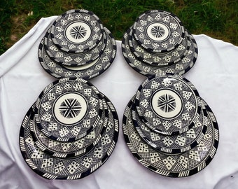 Sets for 4 black white ceramic Dishes, handmade serving platters for family in different sizes