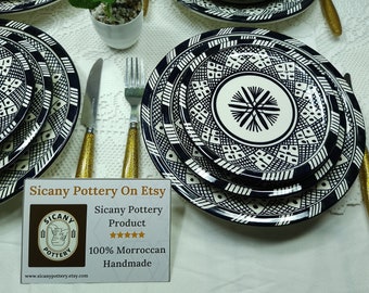 04 handmade ceramic dishes 6.7" / black white platters for dinning table set