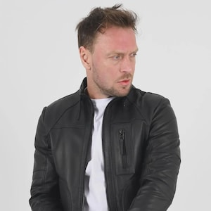 ALiN - Theroux Cappotto casual in pelle nera da uomo, Giacca in pelle da uomo, Cappotto in vera pelle di agnello da uomo Cappotto in pelle