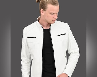 ALiN - Sandor Men's Slim Fitted Genuine White Leather Jacket