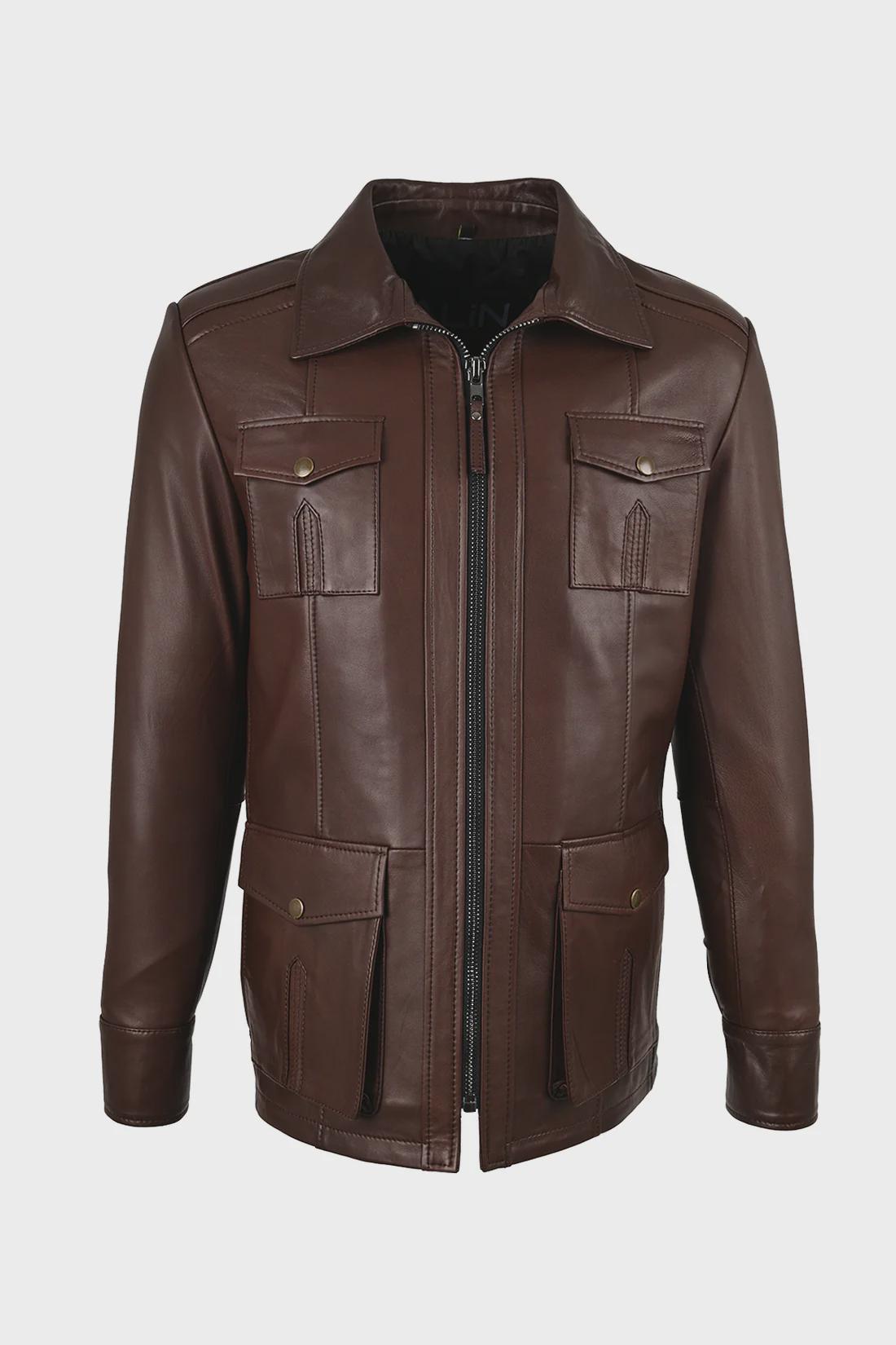 Brown Leather Safari Jacket - Alin Kaya Zip-up Style, Jacket