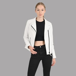White Leather Biker Jacket: Quilted Shoulder, Zip Pockets