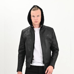 ALiN - Sherwood Manteau en cuir noir à capuche pour hommes, veste à capuche pour hommes Veste en cuir d'agneau pour hommes Capuche amovible