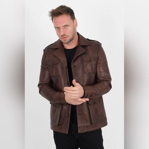 ALiN - Harrison Safari Manteau en cuir marron ciré pour homme, veste en cuir pour homme, manteau en peau d'agneau véritable pour homme