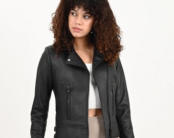 ALiN - Chaqueta de cuero negra Liberty Biker para mujer, chaqueta de cuero real estilo motero para mujer Chaqueta de cuero negra para mujer