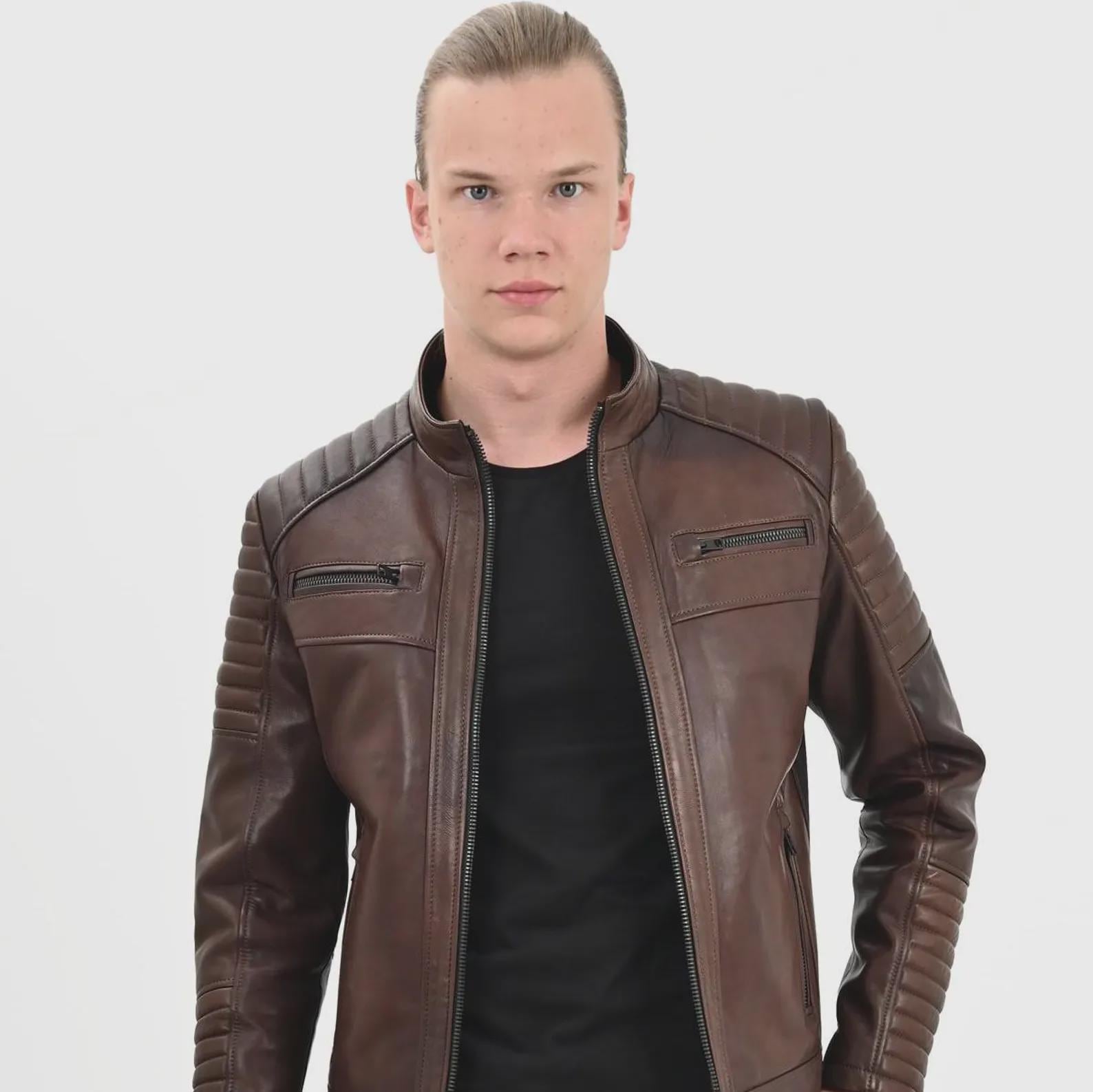 Alin - Sandor Slim Fit Men's Red Leather Jacket, Zip up