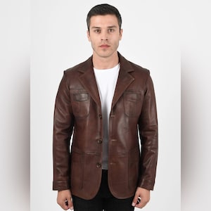 ALiN - Martell Button Up Mens Wax Brown Leather Blazer, Veste Veste en cuir pour hommes Veste en peau d'agneau véritable pour hommes