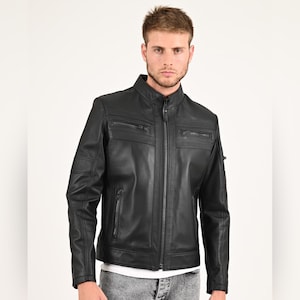 ALiN - Veste en cuir noir Beckham Relax Fit pour hommes, manteau en cuir d'agneau véritable à col montant pour hommes