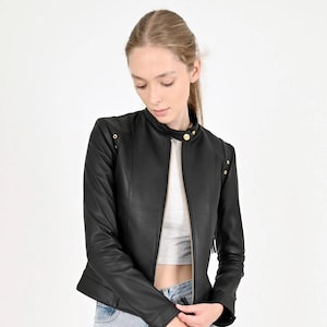 ALiN - Rio Fitted Women&#39;s Black Leather Jacket, Stand Collar Black Leather Short Jacket for Women&#39;s | Leather Anniversary Gifts for Her