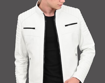Alin - Sandor Slim Fit Men's White Leather Jacket, Zip up