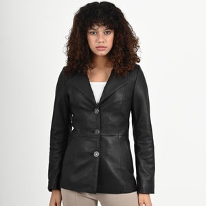 ALiN - Brienne Blazer en cuir noir décontracté pour femme, veste en cuir ajustée pour femme, veste boutonnée en cuir véritable pour femme